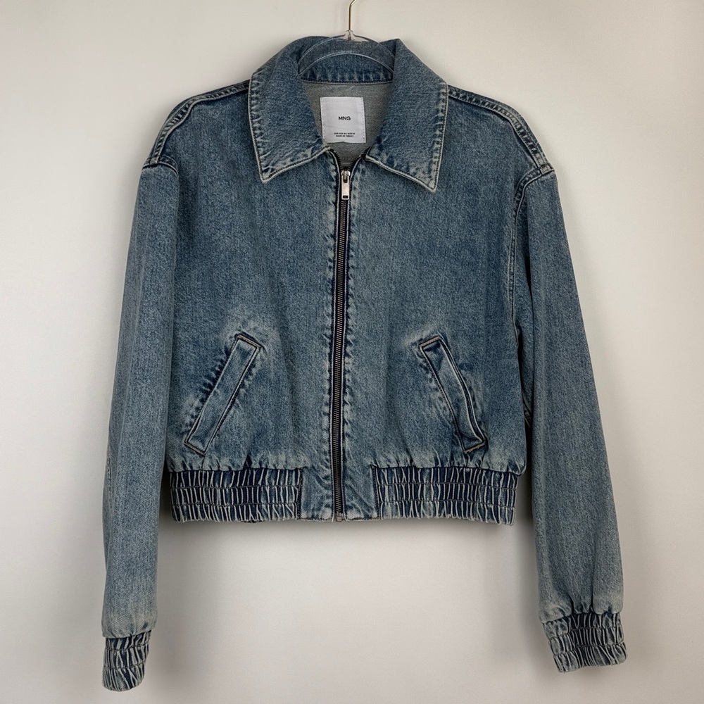 Mango Denim Cropped Bomber Jacket in Medium Vintage Blue Size Medium - Picture 3 of 10